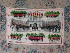 Vintage Mid Century Irish Cabins Linen Souvenir Tea Towel - The Queens Guards picture