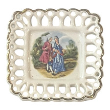 Vtg Reticulated Porcelain Mini Trinket Dish Fragonard Courting Couple Lace Edge picture