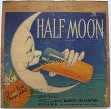 Vintage HALF MOON Brand Orange Crate Label on Wooden Box End Redlands CA picture