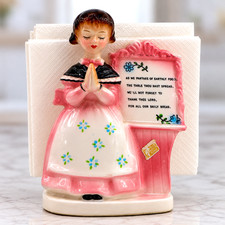 Vintage Enesco pink ceramic Kitchen Prayer Girl Napkin Holder Our Own Import Inc picture