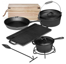Juego de cocina camping 7 piezas hierro fundido con caja y tapas incluidas picture