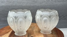 Vintage Frosted Manganese Glass Tulip Lamp Shades UV Glow Scalloped Pair 1930s  picture