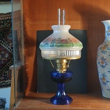 Vintage Aladdin Lincoln drape Oil Lamp Blue Glass. Log cabin shade Shade. picture