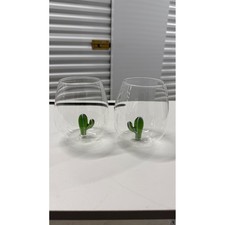 Set of 2 Cactus Stemless Wine Glasses 17oz Handcrafted 3D Glass Figurine Green picture