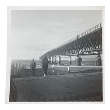 Vtg Bridge Snapshot Photo Waterfront Scene People Walking 1940s View picture