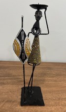 African Hand Crafted Black Metal Woman w/Multi Beaded Dress Candle Holder picture
