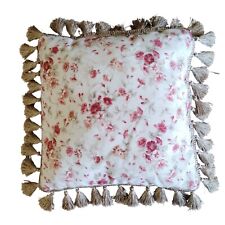 Victorian Shabby Chic Roses Flower Pillow Tassel Fringe Pink Beige Square French picture