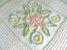 1960s Queen White Chenille Bedspread, Pastels, excellent picture