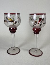 2 Ruby Red Art Glasses W/ Painted Birds picture