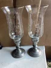 Empire Pewter Candlesticks Etched Glass Hurricane Shades Set Of 2 - 11” picture