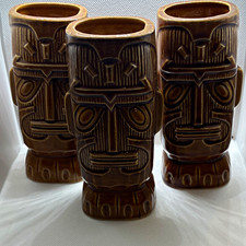 Set of 3 Brown Ceramic Tiki Mugs Hawaiian Ownership History Not Available picture