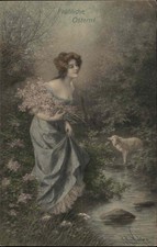 A/s RR Wichera GERMAN EASTER FROHLICHE OSTERN Beautiful Woman w Lamb PC picture