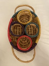Vt Spanish Wicker Rattan 4 Drink Dip Holder Basket Tray Handles Colorful Boho picture