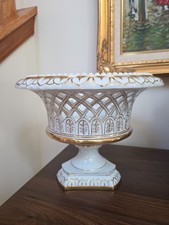 Vintage Regency Porcelain Reticulated Compote Bowl White Gold Gilt 7118 picture