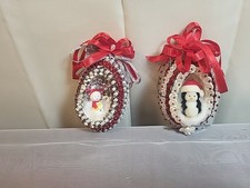 Set of Vintage Handmade Red and White Christmas Ornaments with Penguin and Snow picture
