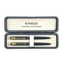 Vintage Parker Engraved Black Gold Tone Ballpoint Pen Mechanical Pencil Set Case picture