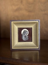 Vintage Gold Frame Madonna & Child Metal Relief Shadow Box Wood Velvet Religious picture