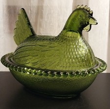 Authentic Vintage Indiana Hen On Nest Glass Olive Green HON Glass Covered Dish picture