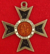 Vintage SAINT CHRISTOPHER Medal ORANGE ENAMEL MALTESE CROSS Pendant SURFER Japan picture