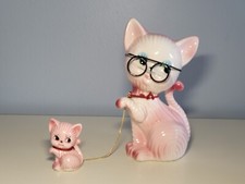 Vintage Anthropomorphic Pink Mom Cat with Glasses Baby Kitten Chained Family picture