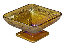 Indiana Carnival Glass Compote Pineapple Diamond & Floral Amber Footed 6