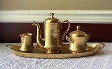 Antique Jul H. Brauer Gold Tone China Teapot, Sugar Bowl, Creamer & Tray, USA picture