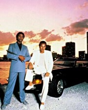 Miami Vice Don Johnson Philip Michael Thomas pose against Miami skyline 8x10 picture