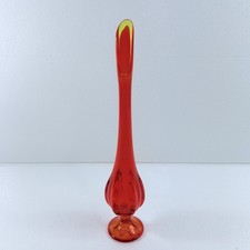 VTG LE Smith Amberina Swung Glass Vase Ribbed Pedestal Flame Red MCM 15