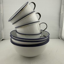 Vintage Kockums KER Sweden Enamelware 8 Pc Set 9cm Cups 14cm Bowls Blue White picture