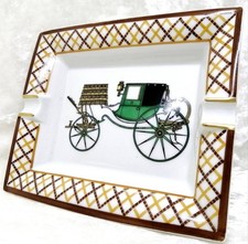 Vintage HERMES Ashtray Plate Tray Horse Carriage Gold Porcelain Green Brown picture