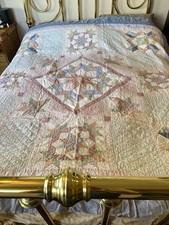 Vintage Hand Sewn Pastel Patchwork Quilt 78”X78” Large Central Star Block picture