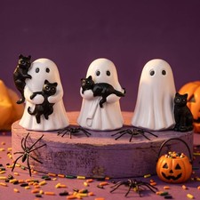 3Pc Halloween Ghost Figurines Black Cat Ornaments Ghost Black Cat Resin Statue picture