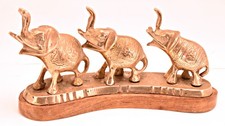 Vintage Brass 3 Elephants Trunks Up Sculpture Wood Base India Figurine Decor picture