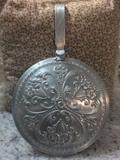 Vtg Atq Ornate Forged Alum Pan Silent Butler Crumb Catcher  Embossed Hinged Top  picture