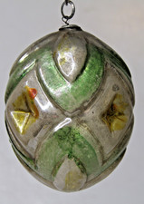 VTG Glass Quadruple Indent LEAF Embossed DROP Kugel Christmas Ornament Japan GRN picture