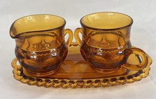 3 Pc Set Vtg Indiana Glass KINGS CROWN THUMBPRINT SUGAR CREAMER TRAY Amber picture