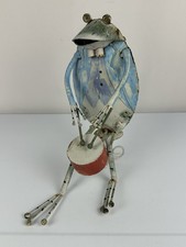 Whimsical Metal Art Sculpture Frog Playing a Drum Jazz Band  11 1/2