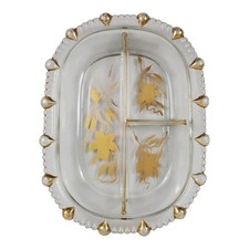 MCM Glass Condiment Tray Relish Pickle Dish 22k Gold Leaf Vintage  picture