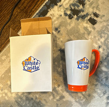 Vintage White Castle Ceramic Travel Mug Cup Orange Handle w/ Original Box picture