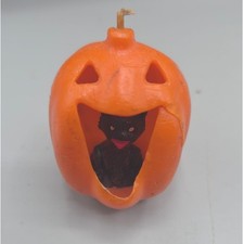 Vtg Gurley Halloween Pumpkin Jack-O-Lantern Candle Black Cat Inside 1940s JOL picture