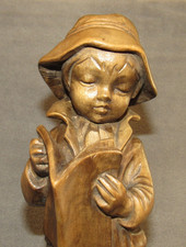 Vintage Hand Carved Wood Statue Boy Reading Newspaper - Wood Carving 9.5