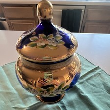 Vintage Lefton Cobalt Blue Glass Lidded Candy Dish Jar Gold Gilt Floral Sticker picture