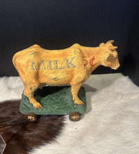 Cow On Wheels Decor Piece Resin Wood Style Country Farmhouse Decor-Rustic Look picture