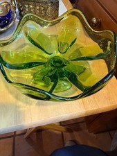 Green Round Panel Glass Small Open PEDESTAL CANDY Dish Trinket Decor 6 3/4