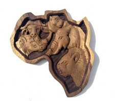 Vintage Hand-Carved African Continent Wall Plaque, Big 5 African Animals picture