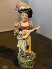 LATE 1800s PORCELAIN WOMAN FIGURE 7” TALL PLAYING A MANDOLIN PROBABLY ENGLISH picture