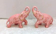 2 Vintage MCM Pink Ceramic Elephant Figurines Gold Accents Trunk Up Decor picture