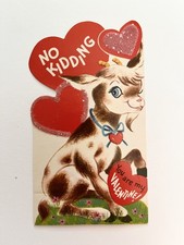 Vintage Valentine Card Cute Kid Goat Flocked Glitter picture
