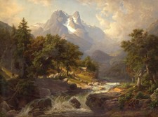 Oil painting beautiful landscape stream by the Alps mountains Adalbert Waagen  picture