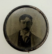 Antique 1898 Photo Button Brooch Pin Man Mustache Mrs. L.A. Marshall MA 31mm picture
